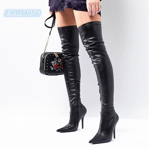 

black leather stretch over knee boots women pointed toe side zip high heels shoes woman fashion stilettos thigh high boots