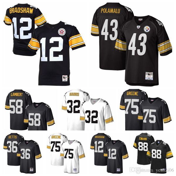 

men's pittsburgh 43 troy polamalu steeler 88 lynn swann 43 troy polamalu 12 terry bradshaw throwback mitchell & ness jerseys, Black;red