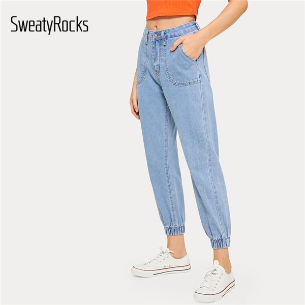 

sweatyrocks solid button and pocket detail jeans active wear women casual tapered denim pants 2019 autumn blue casual jeans