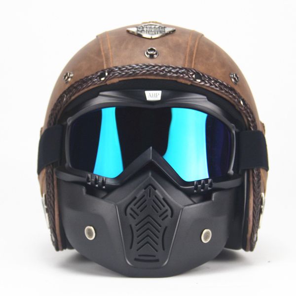 

vintage helmet motorcycle pu leather with goggle mask chopper bike