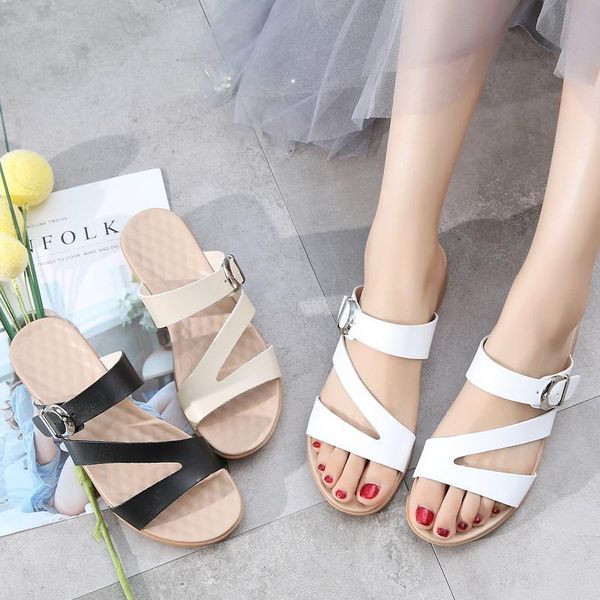 

genuine leather female slippers luxury sandals metal buckle women white colors sandals ladies summer outdoor beach slippers high quality, Black