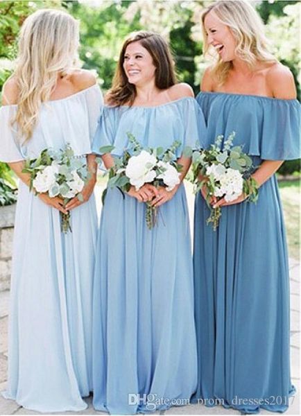 

long chiffon off-the-shoulder neckline floor-length a-line bridesmaid dresses with ruffles sleeve off shoulder maid of honor party gown, White;pink