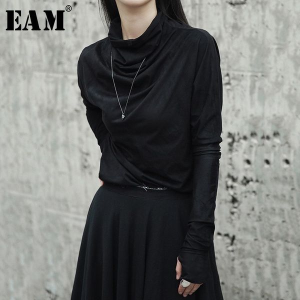 

eam] 2019new spring summer black irregular turtleneck long gloves sleeves slim bottoming shirt women fashion tide wild la918, White