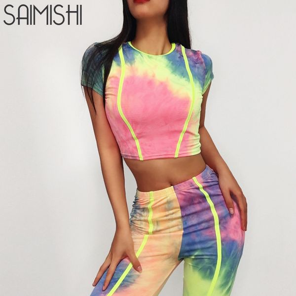 

saimishi short sleeve crop leggings high waist 2 pieces summer women fashion rainbow print patchwork casual stretchy sets, White
