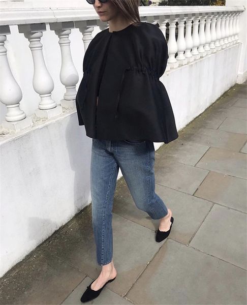 

grey black wool blend cape coat with drawstring round neck short coat 2019 autumn winter, Black;brown