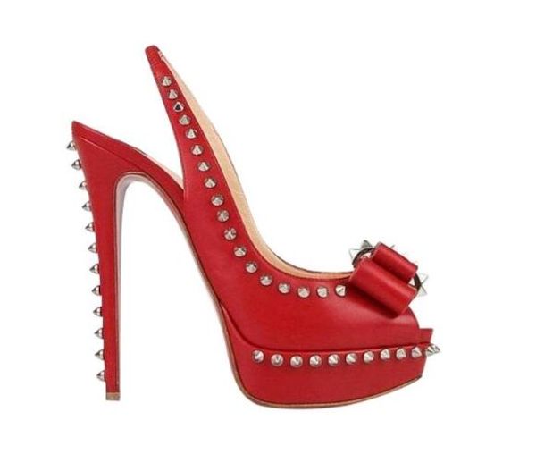 

moraima snc peep toe platform pumps red leather rivets studded high heel shoes woman bowknot party wedding heels, Black