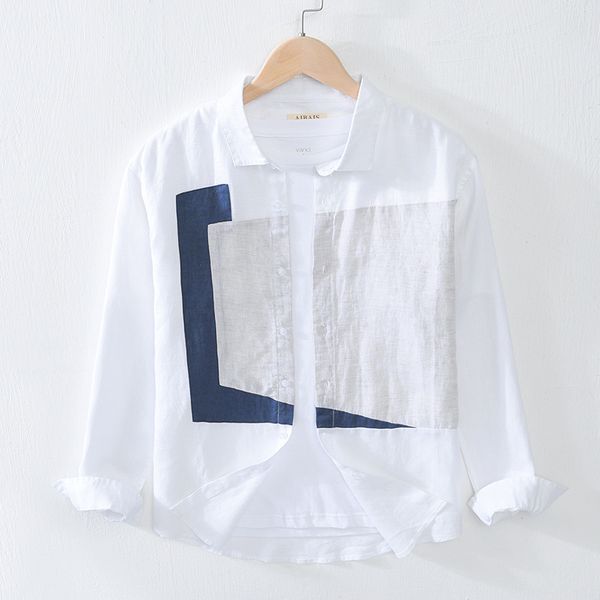 

men summer fall japan style turn down collar long sleeve geometry patchwork pure linen stylish male casual shirts, White;black