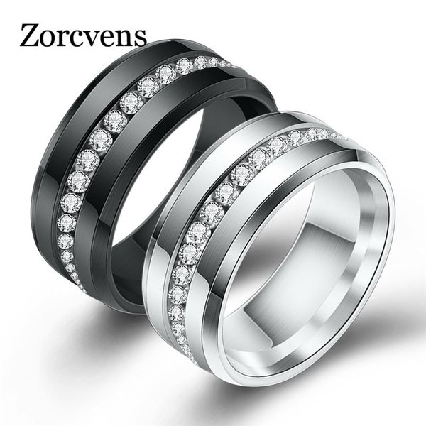 

zorcvens black and silver color titanium stainless steel rings for women white cz stone fashion jewelry wholesale, Golden;silver