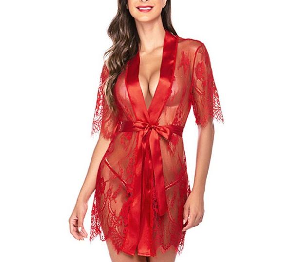 Babydoll Erotische Frauen Spitze Sheer Dessous Sexy V-ausschnitt Nachtwäsche Transparente Nachtwäsche Strickjacke Hause Perspective300J