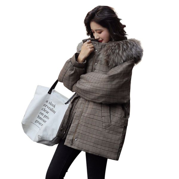 

2019 winter new faux fur collar short parkas loose down cotton coats winter women lattice hooded jackets snow outwear, Black