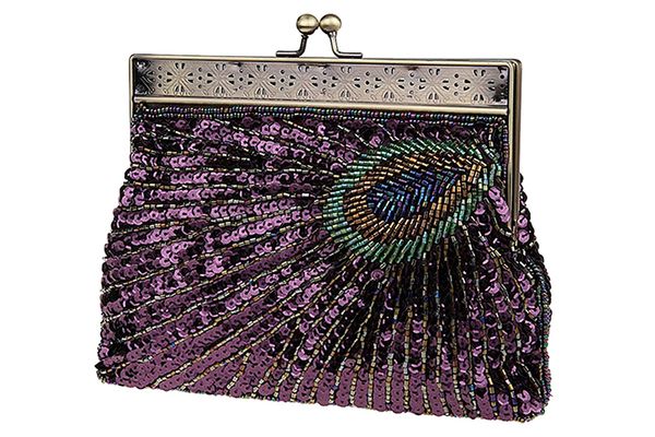 

women retro peacock exquisite pattern beaded evening party wedding handbag, purple