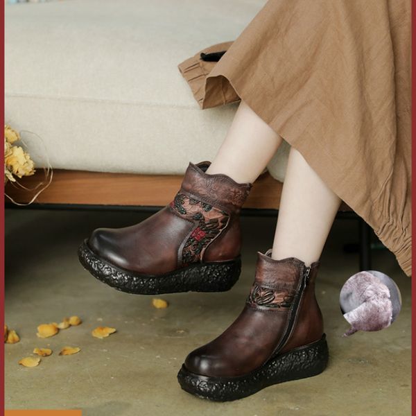 

women leather boots winter warm shoes women high heels wedge embroidery snow boots handmade genuine leather ankle, Black