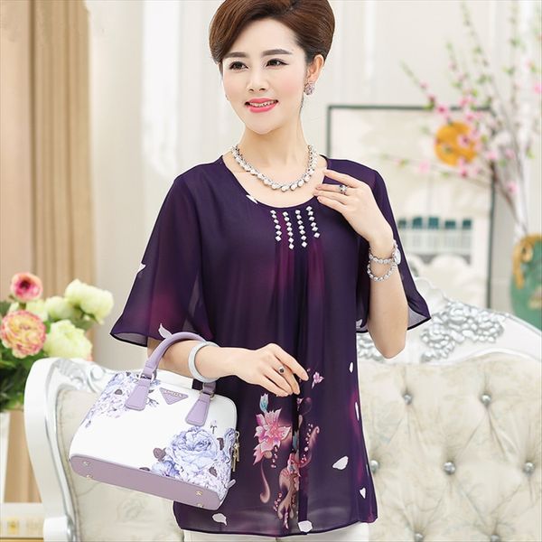 

short sleeve chiffon t- middle-aged and elderly women's 30-40 years old 50 mother's wear large size loose summer t-shirt chiffon s, White