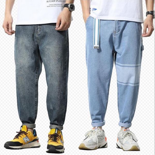 

men jeans large size stretch plus loose denim jeans cargo pants men's elastic plus casual zipper cropped nine points men, Blue