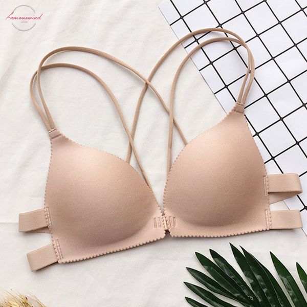 

women back beautify fashion ladies bralette hollow out padded lingerie bra push up gather wire front closure, White