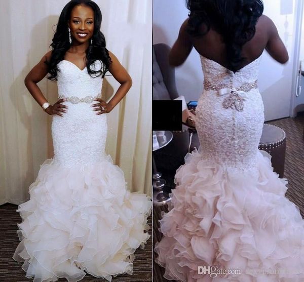 

beaded sweetheart mermaid wedding dresses 2019 ruffles sweep train back covered buttons bridals gowns lace and tulle wedding dress, White