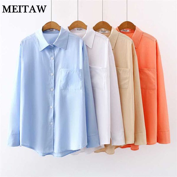 

women's blouses & shirts korean loose white blouse shirt lady office women turn-down collar style 2021 casual solid long sleeve