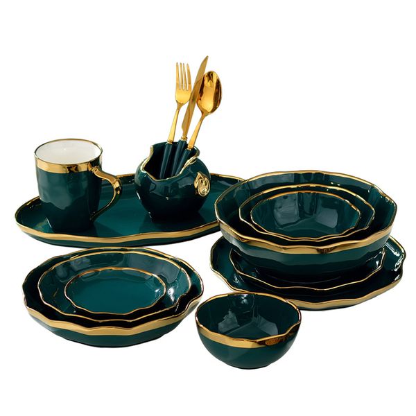 

vintage green ceramic tableware gold rim dinnerware handmade wavy shaped steak plate dinner plates dishes salad bowls coffee mug