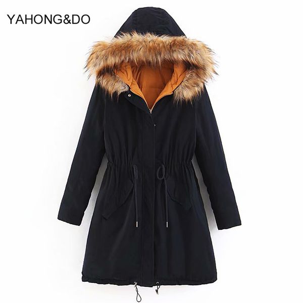 

women parka fashion autumn winter warm jackets women fur collar coats long parkas hoodies office lady cotton plus size, Black