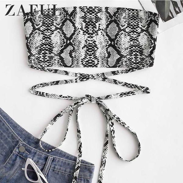 

zaful criss cross snake print bandeau crop leopard strapless short shirt women thin club camis 2019 streetwear, White