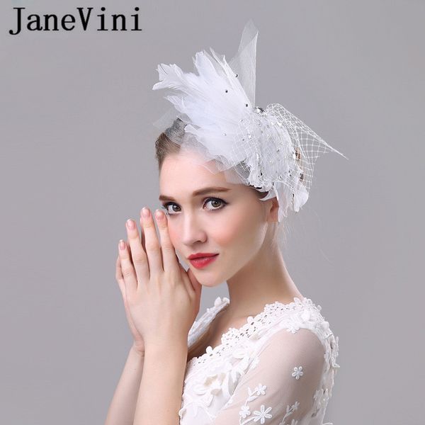 

janevini fashion white wedding hats for women mesh hat beaded and feathers tulle bridal face veils headpiece tocados de novias