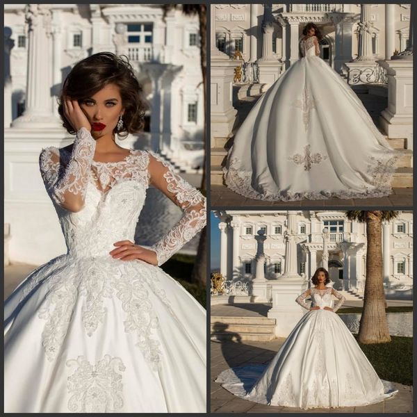 

2019 new ball gown wedding dresses crystal long sleeve satin wedding dress bridal gown lace applique vestidos de novia long train, White