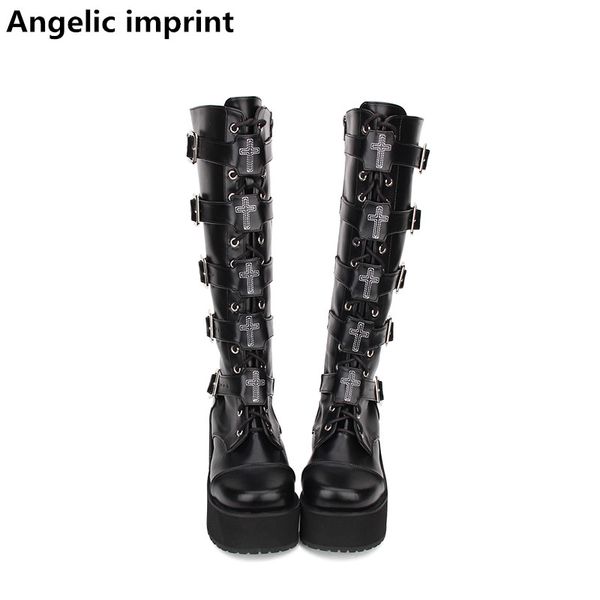 

angelic imprint mori girl women motorcycle punk shoes lady high heels lolita boots woman princess dress pumps buckle 33-47 8cm, Black