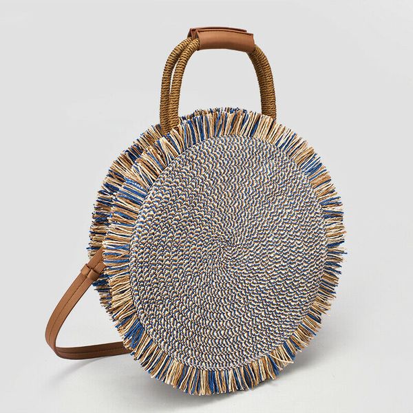 

2019 fashion new tassel handbag straw bag women beach woven bag round tote fringed beach wovenshoulder travel