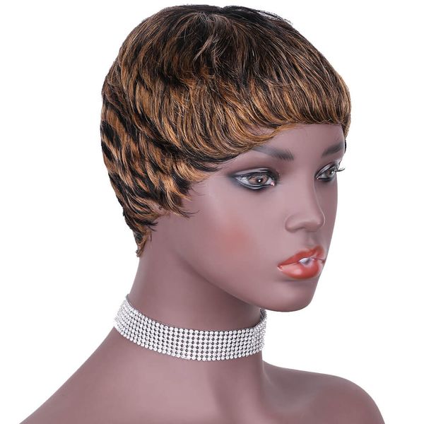 Humano cabelo sem perucas de renda com peruca máquina de bang nova chegada curto tigre destaque de perucas caplless onduladas f1 / 27 ombre cor marley mulheres