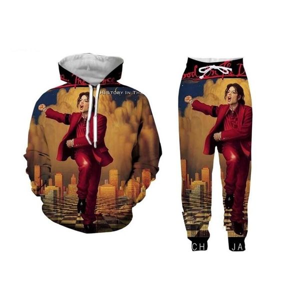 

new fashion mens/womens michael jackson funny 3d print casual hoodie+pants, Black