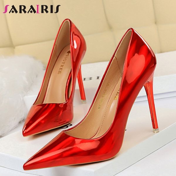 

sarairis female fashion metallic shallow pumps pointed toe date pumps women high thin heels evening shoes woman, Black
