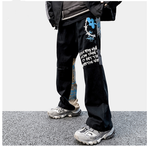 

men sweatpants color block hip hop style pants cozy elastic waist rock print graffiti trouser hipster streetwear spring student, Black