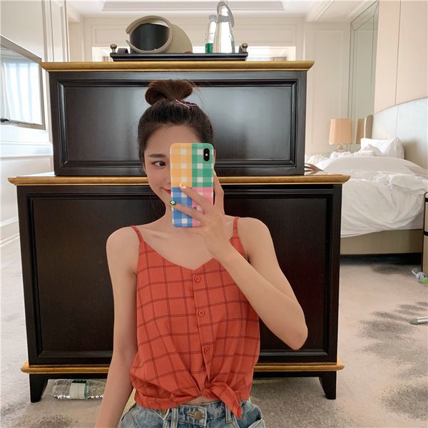 

summer korean off shoulder women's clothing tees fashion brand spaghetti strap loose plaid camis v-neck camisa feminina new, White