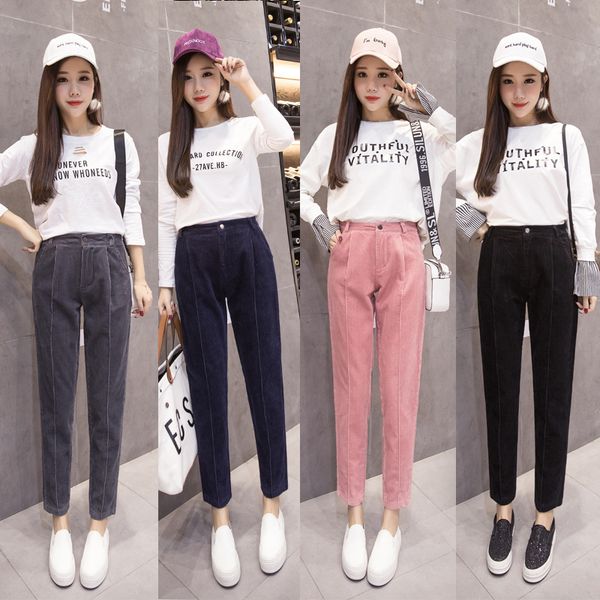 

corduroy women's pants loose-fit pants korean-style versatile skinny harem casual striped women's baggy, Black;white