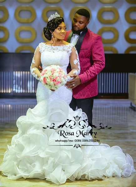 

cascading ruffles mermaid wedding dresses 2019 plus size long sleeves vintage lace beaded sequined arabic african country bridal gowns, White