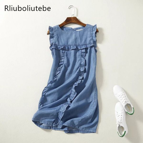 

high waist sleeveless mini soft jeans dress frilled women ruffles casual summer sundress short denim beach dress cotton, Black;gray