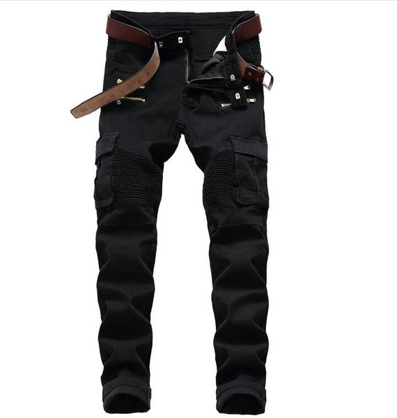 

black print biker men jeans ripped slim fit hip hop denim trousers men`s jeans motorcycle pants punk green color, Blue
