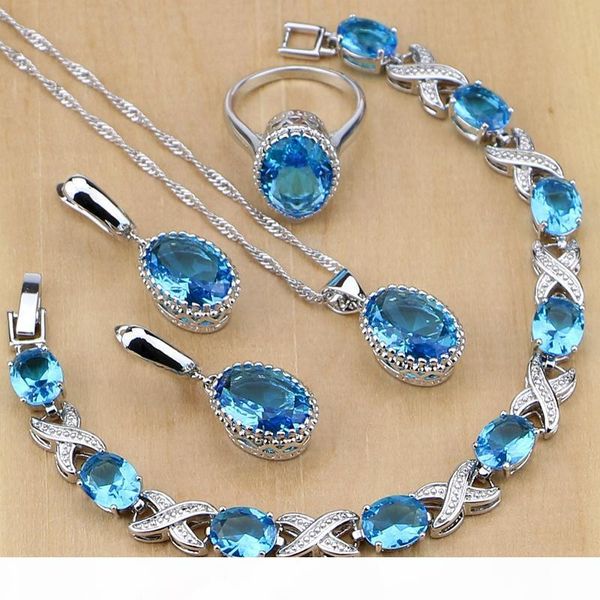 

silver 925 jewelry blue birthstones jewelry sets for women wedding earring pendant necklace rings bracelet