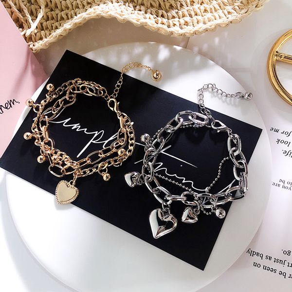 

baroque style vintage multi-layer metal chain heart pendant bracelet for women fashion hands jewelry gold color charm bracelet, Black