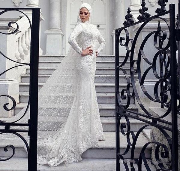 Vestidos de casamento muçulmano moderno sereia renda manga longa gola alta vestido de noiva árabe saudita com véus hijab feito sob encomenda vestidos281l