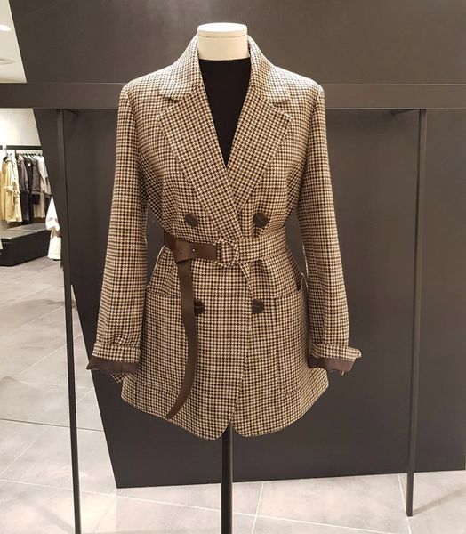 

2020 vintage double breasted office ladies plaid blazer with belt long sleeve houndstooth suit coat jacket women blazers female, Black;brown