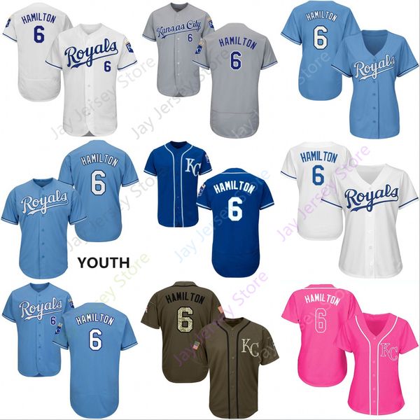 

2019 Kansas City 6 Billy Hamilton Jersey Royals Jerseys Cool Base Flexbase Home Away White Black Red Grey Pullover Button Men Women Youth