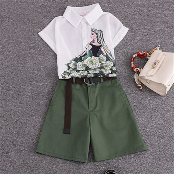 

2020 summer runway women 2 pieces set cartoon girl chiffon blouse +collocation belt slim short pants casual suits plus size, Gray
