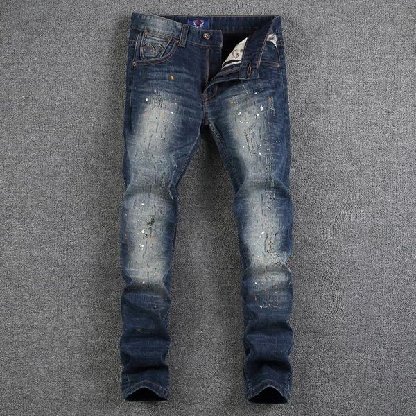 

2020 fashion high street trend hole men's jeans personality color paint frayed micro elastic slim small straight men's pants size, Blue