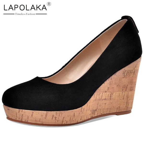 

lapolaka 2020 new design kid suede wedge high heels concise shoes woman pumps female platform slip on classics pumps women, Black
