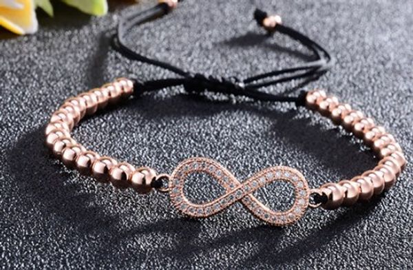 

8mm uki4 glasses infinity gold silver cz zircon cubic zirconia bracelet adjusted macrame charm braided copper rope bangles, Black