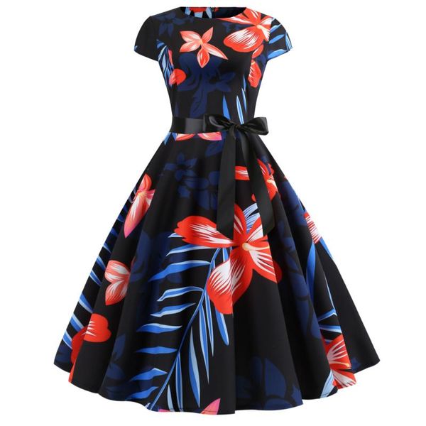 

summer floral print women vintage dress round neck short sleeves 60s retro dress belts party vestidos de festa robe femme, Black;gray