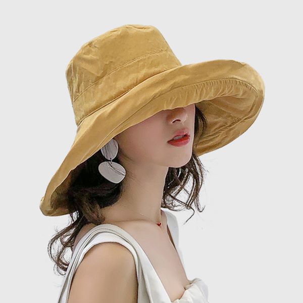 

2019 new women solid bucket hats sun protect ladies buttons casual beach hats windproof sunhat girls big wide broad-brimmed hat, Blue;gray