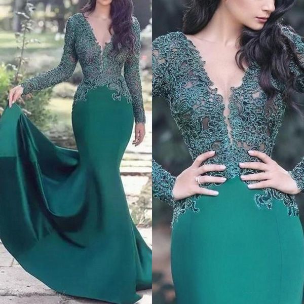 

Green Muslim Prom Dresses 2019 V-neck Mermaid Long Sleeves Lace Islamic Dubai Saudi Arabic Elegant Long Formal Evening Gowns