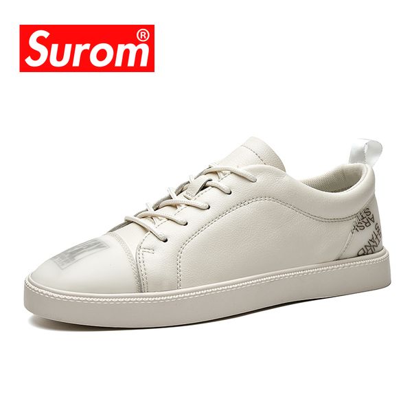 

surom autumn men's leather casual shoes 2019 new youth sneakers fashion wild men's shoes soft and comfortable low-flat, Black